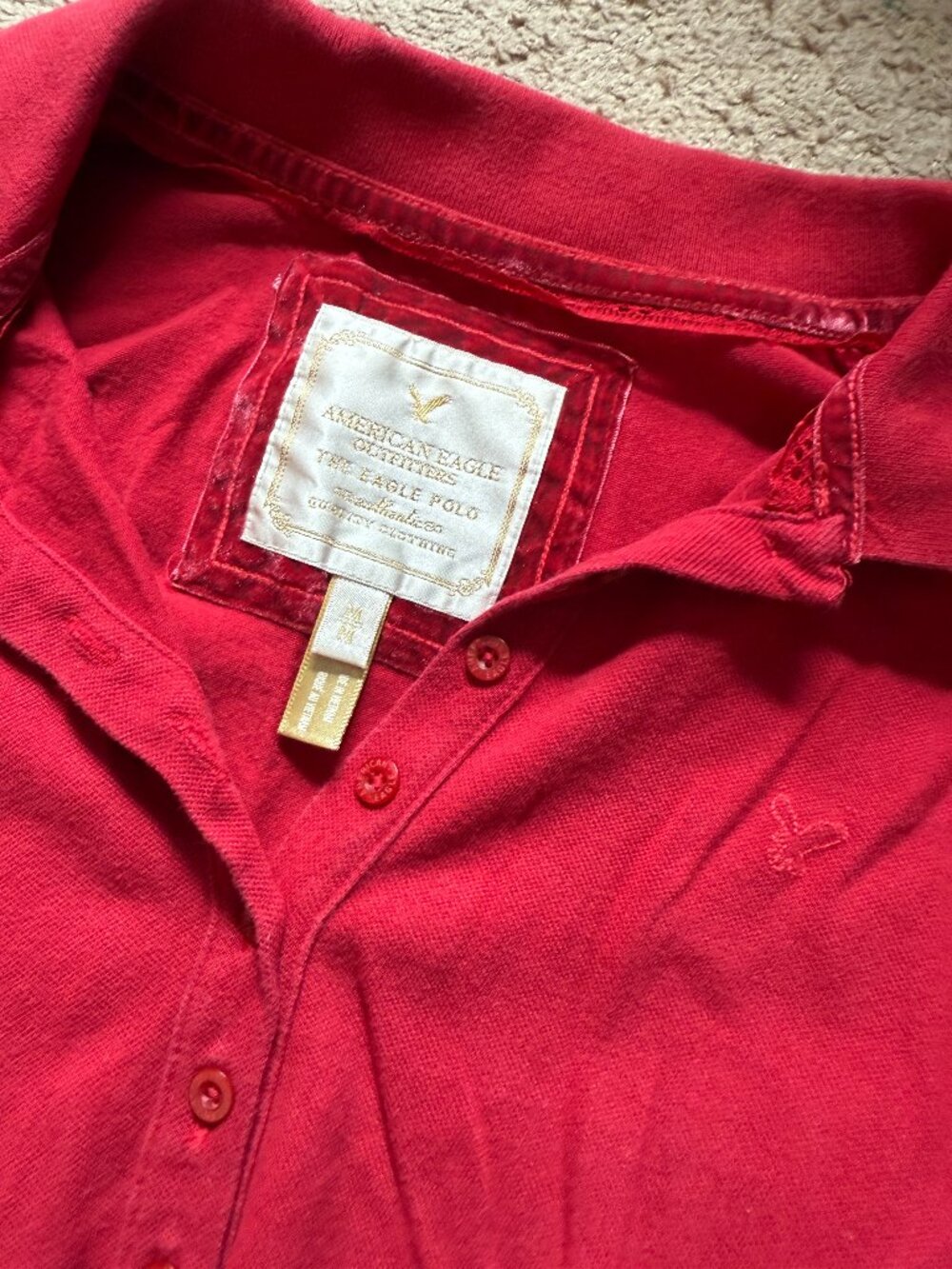 American Eagle Long Sleeve Polo Shirt | Red Classic Collared Top Size M